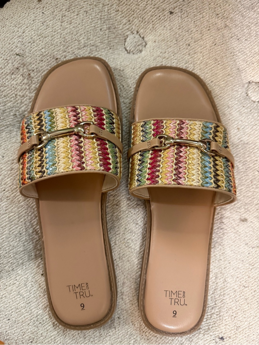 Time and Tru Multicolor Braided Slide Sandals - Tan Straps with Gold Accent